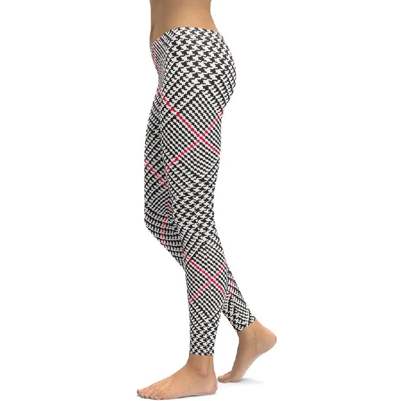 Red Houndstooth Plaid Leggings Stylish Women's Neon