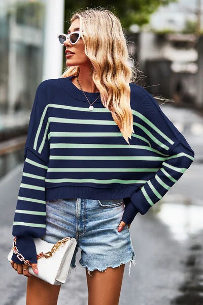 Striped Round Neck Drop Shoulder Slit Sweater Streetwear Style for 