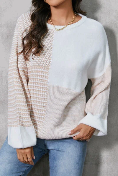 Color Block Tied Dropped Shoulder Sweater Hip Women's Retro