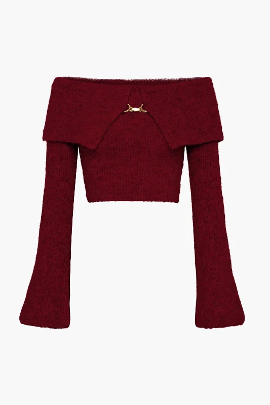 Solid Knit Metallic Off Shoulder Long-Sleeve Top Vacation