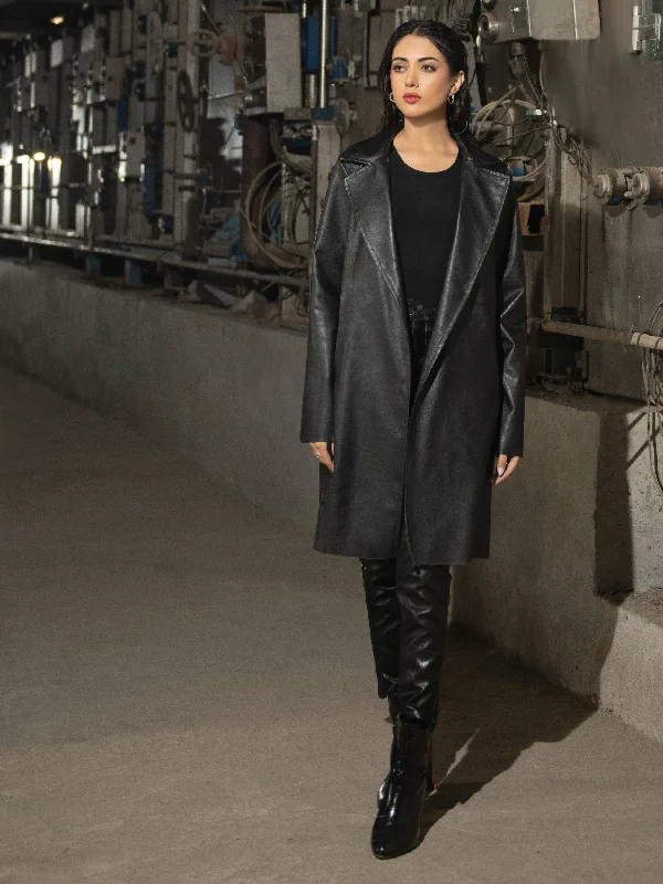 Long Leather Coat Geometric