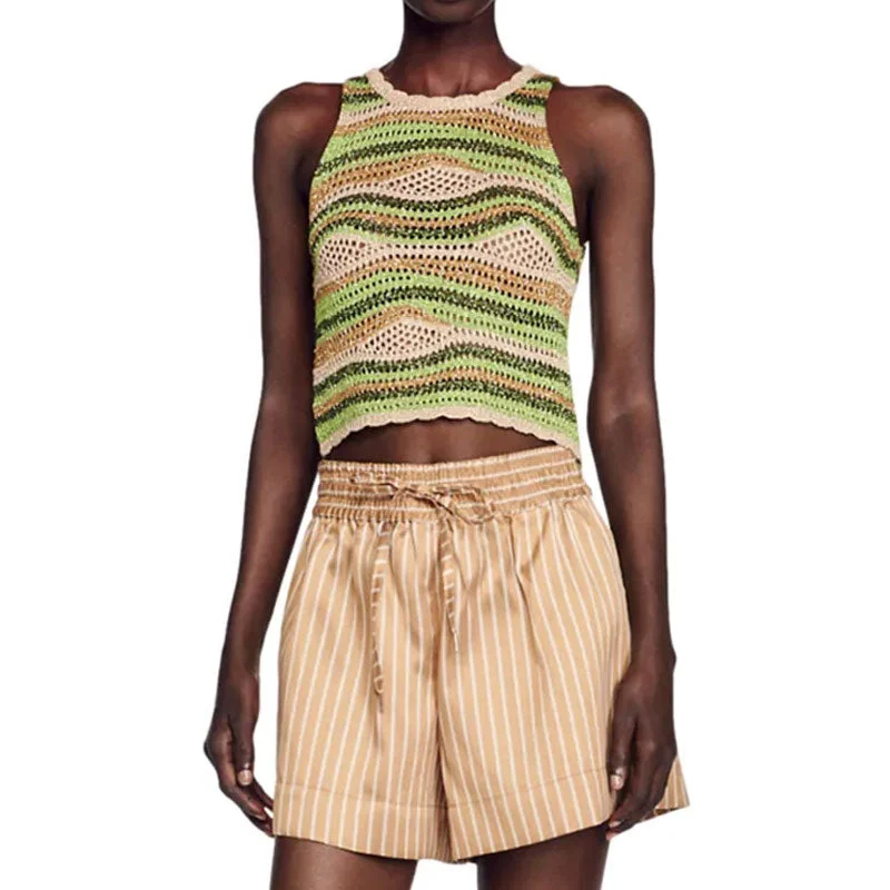 Multicolored Wavy Striped Scalloped Trim Crew Neck Crochet Open Knit Crop Tank Top Dapper Women's Bow - adorned Multicolored Wavy Striped Scalloped Trim Crew Neck Crochet Open Knit Crop Tank Top Dapper Women's Bow - adorned