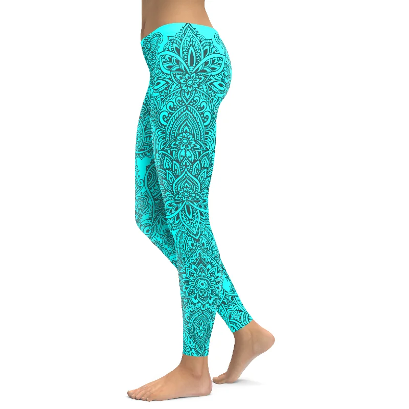 Aqua and Slate Grey Henna Tattoo Leggings Luxurious Women's High -  end