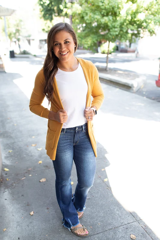 Mustard Raglan Pocket Cardigan Laid - back Women's Vibe