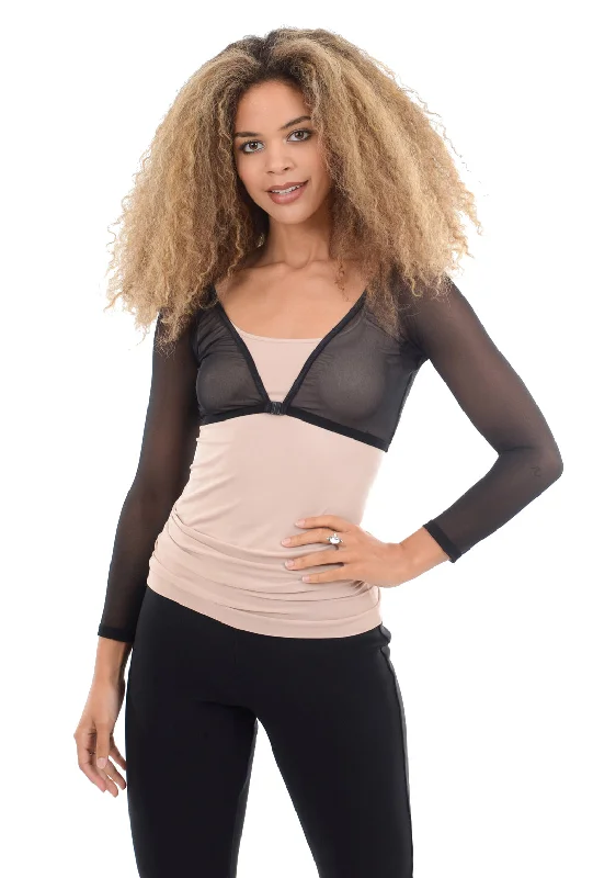 Basic 3/4-Sleeve Mesh Sleevey, Black Geometric
