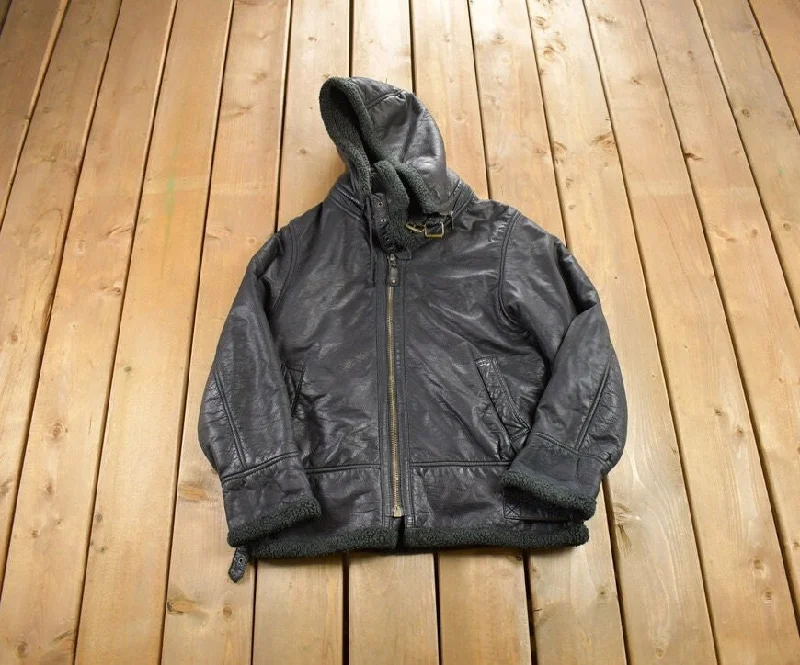 Vintage 1980s Dona Black Leather Hooded Flight Jacket Unique Women's Upcycled