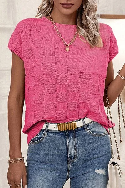 Pocketed Checkered Round Neck Knit Top Dapper Women's Bow - adorned