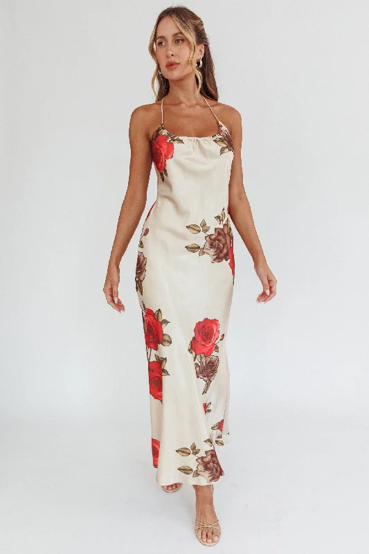 Aspen Spring Lace-Up Back Maxi Dress Floral Beige Stylish Women's Neon