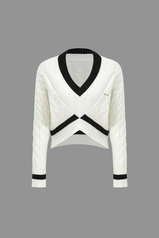 Knit V-Neck Patchwork Long-Sleeve Top Laid - back Women's Style
