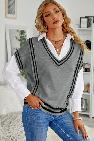 Striped V-Neck Short Sleeve Sweater Geometric