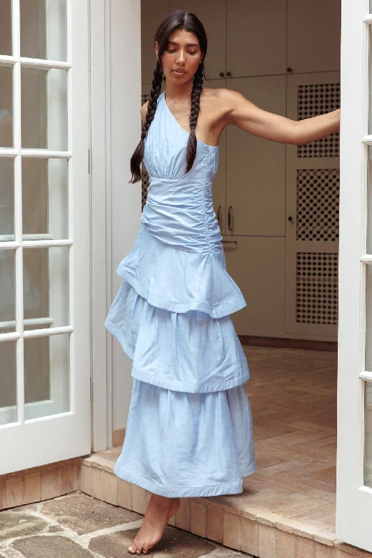 Kenny One Shoulder Tiered Maxi Dress Solid Blue Artistic Women's Hand - painted