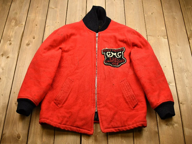 Vintage 1959 Kelly Motors GMC E.D.F.L Champions Red Wool Coat Sporty Women's Athleisure 