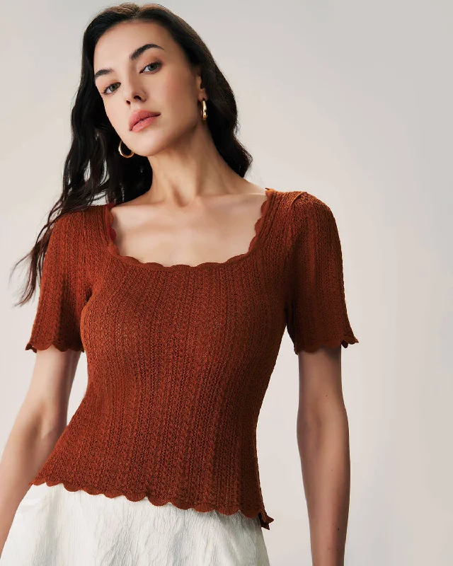 Brown Square Neck Scalloped Knit Tee Casual Women's Japanese 