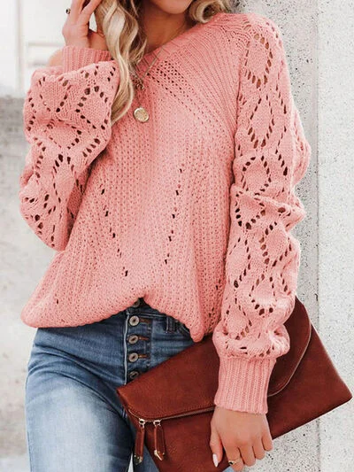 Openwork Round Neck Lantern Sleeve Sweater Earthy Women's 