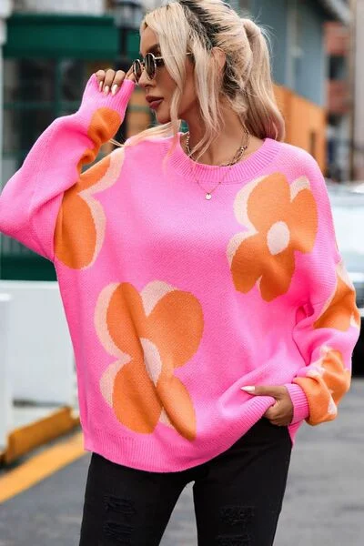 Flower Round Neck Dropped Shoulder Sweater Modern Women's Tech