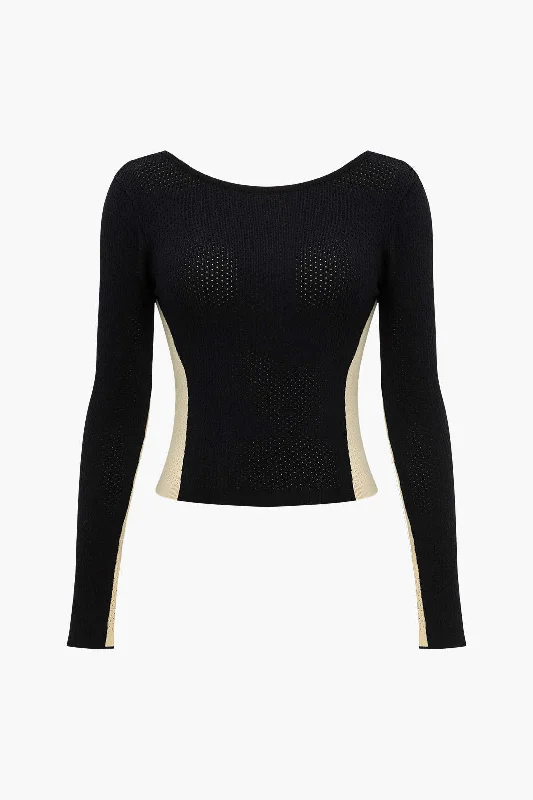 Contrast Knit Backless Patchwork Long-Sleeve Top Vintage Women's 1970S 
