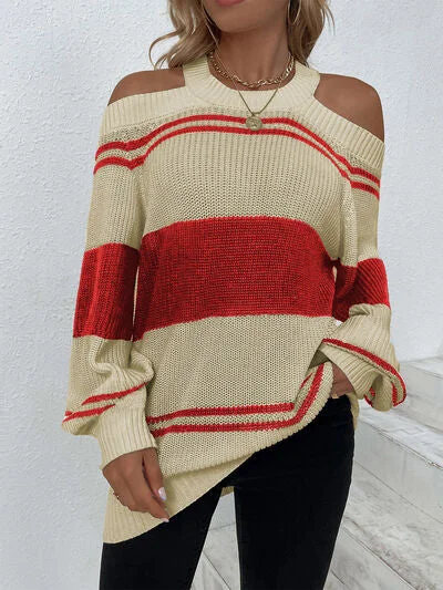 Color Block Striped Cold Shoulder Sweater Relaxed Women's 
