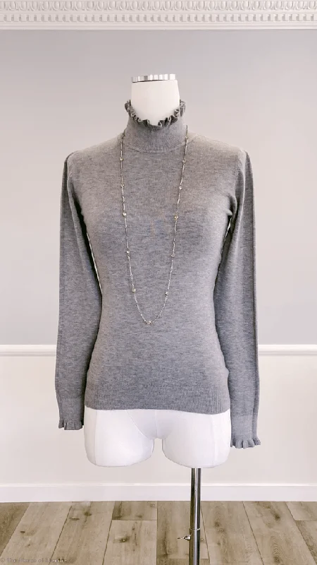 Lydia Ruffle Tip Grey Mock Neck Sweater Confident Women's High - fashion