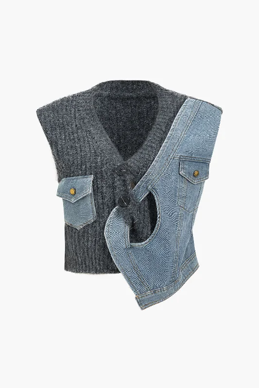Denim Patchwork  Asymmetrical Sweater Vest Practical Women's Multi - 