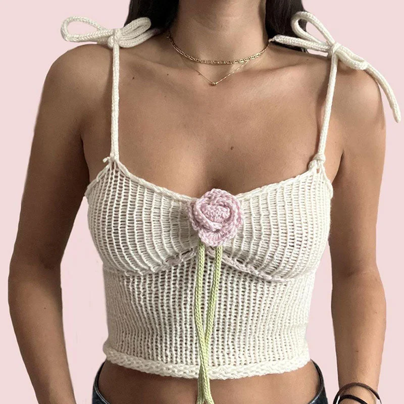 Pretty 3D Rosette Tie Strap Cutout Back Roll Trim Cropped Knit Tank Top Rugged Women's Outdoor 