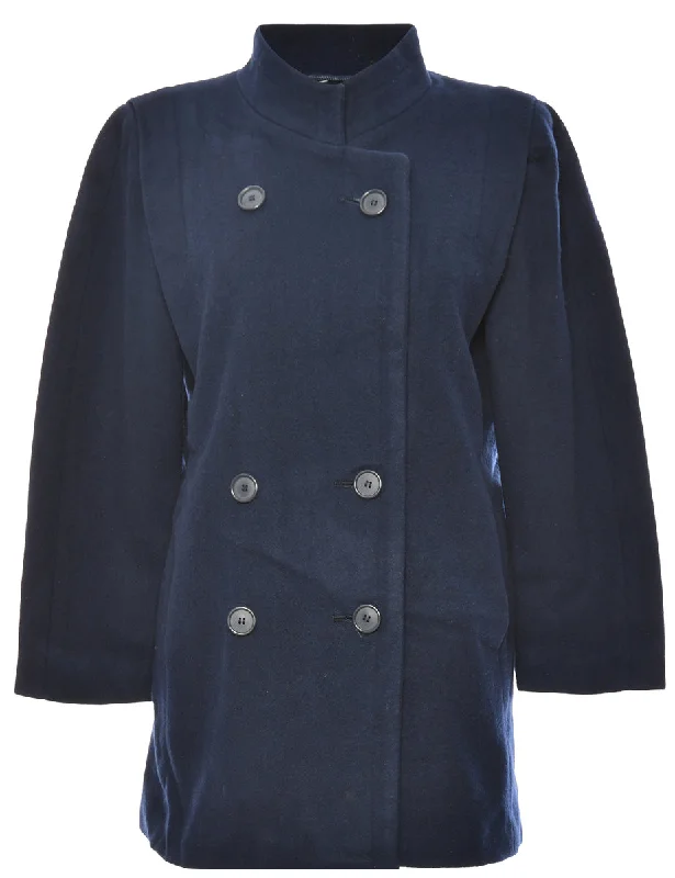 Navy London Fog Double-Breasted Coat - L Traditional Women's Wool