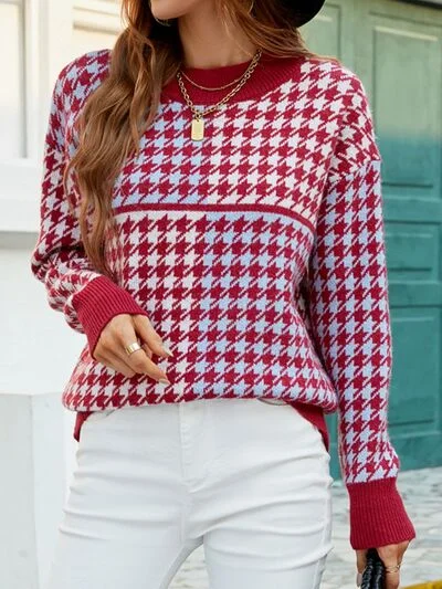 Houndstooth Round Neck Dropped Shoulder Sweater Monochromatic All - in - one