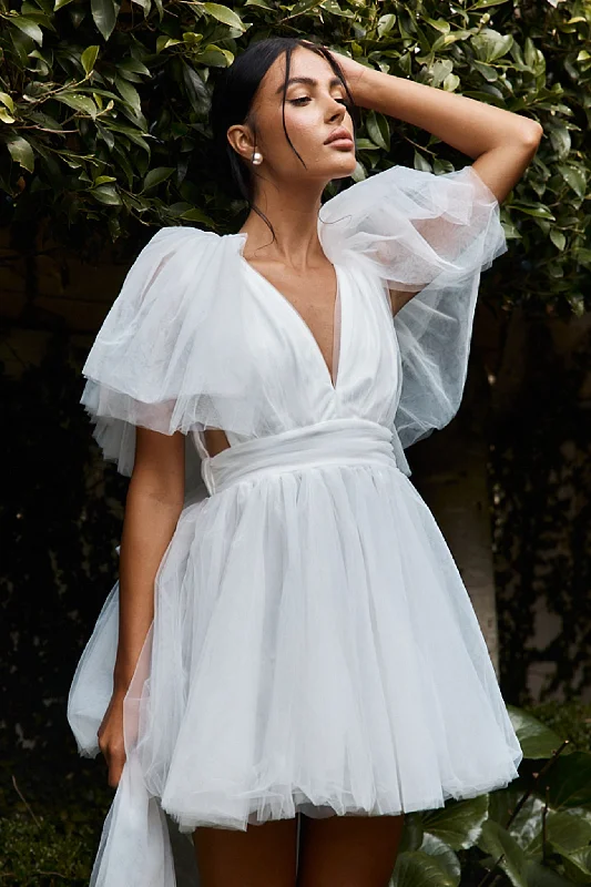 Star Power Tulle Train Mini Dress White Practical Women's Quick - dry