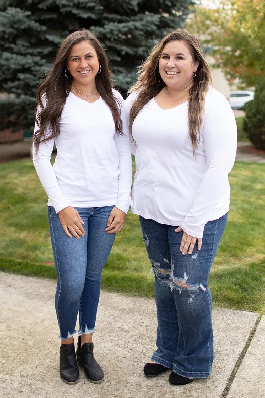White Basic Cotton Vneck Long Sleeve Tee (SM-3X) Street