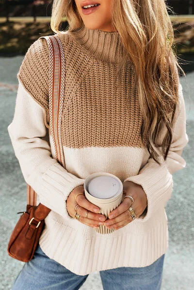 Color Block Slit Mock Neck Sweater European