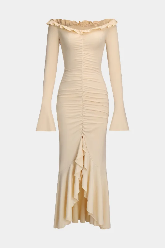 Ruffle Neck Off Shoulder Ruched Bell Sleeve Maxi Dress Modern Women's 