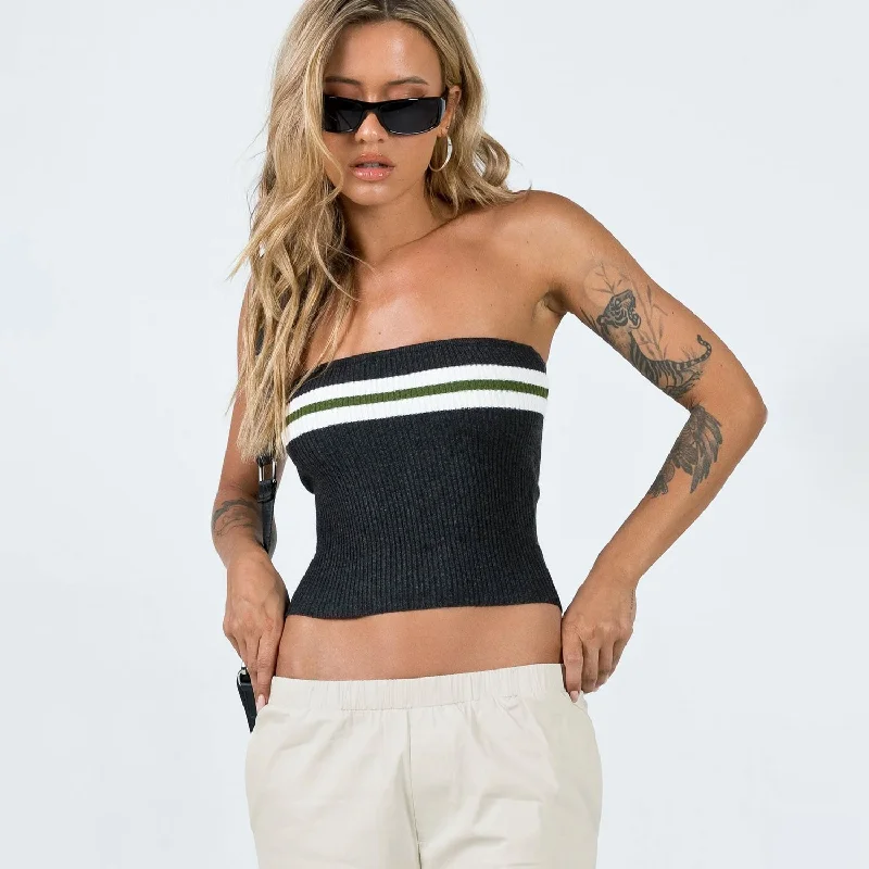 Chic Contrast Striped Pattern Cropped Ribbed Knit Tube Top Relaxed Women's Beachy