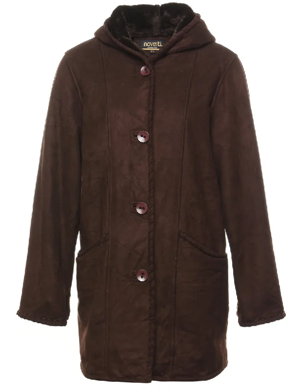Dark Brown Suede Hooded Coat - M Sustainable Organic