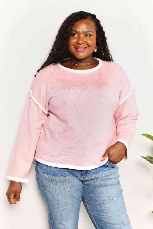 Double Take Contrast Detail Dropped Shoulder Knit Top European