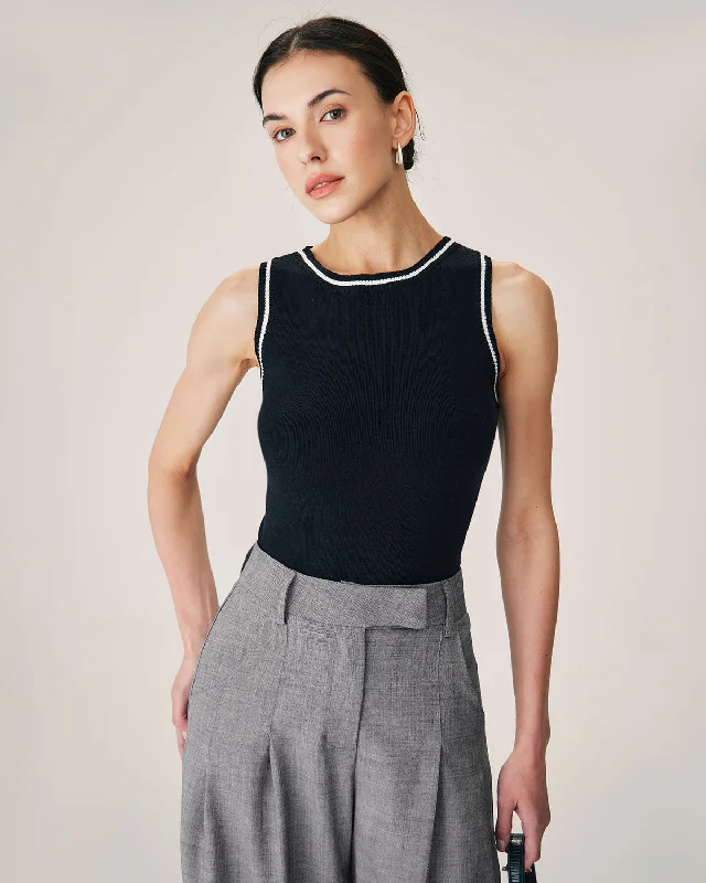Black Contrast Ribbed Knit Tank Trendy Women's 