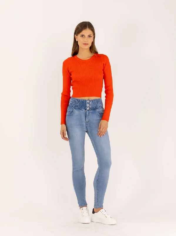 Jean taille haute élastiques bleu délavé Youthful Women's Pop