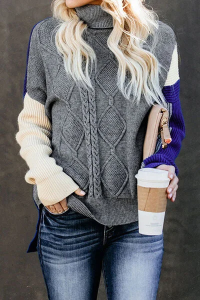 Color Block Cable-Knit Turtleneck Sweater Sharp Women's Italian