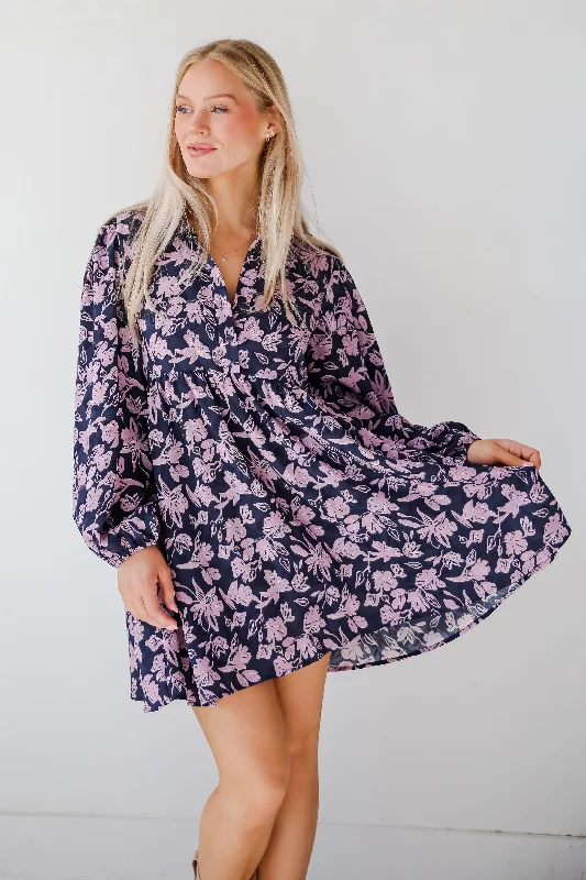 Chic Sense Navy Floral Babydoll Mini Dress Vintage Women's 1970S 