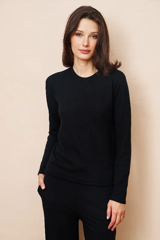 Majestic 100% Cashmere Machine Washable Long Sleeve Crewneck in Noir Traditional Women's 