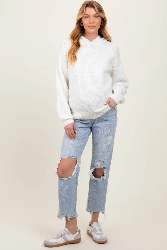Light Blue Distressed Open Knee Straight Leg Maternity Jeans Earthy Women's 