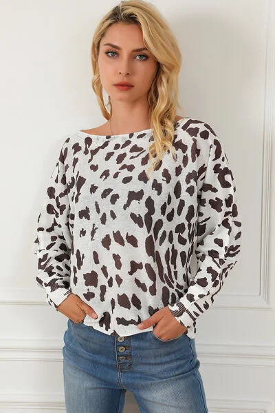 Leopard Boat Neck Long Sleeve Sweater Relaxed Women's 