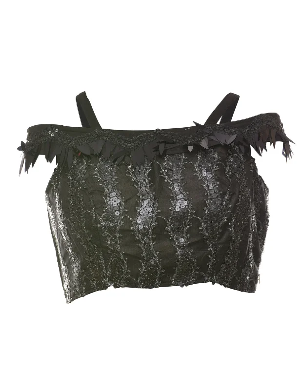 Sequined Black Bardot Style Lace Party Top - L Dynamic Women's Moto