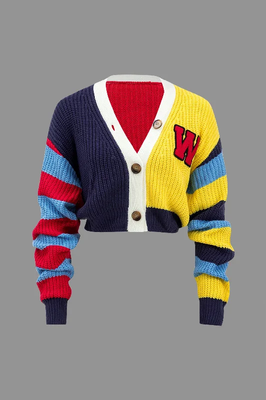 Contrast Knit Button Long-Sleeve Top Edgy Women's Punk