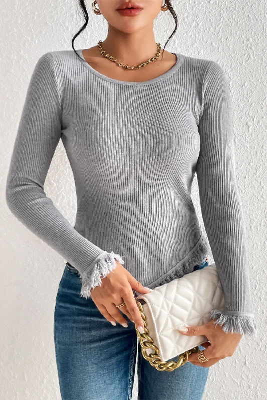 Fringe Detail Round Neck Knit Top Disco