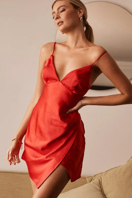 Thank Me Later Cami Strap Asymmetrical Hem Dress Red Stylish Women's Tropical 
