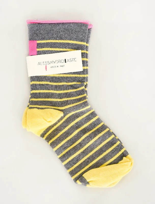 AA Classic Stripe Socks, Gray/Yellow Relaxed Women's Beachy