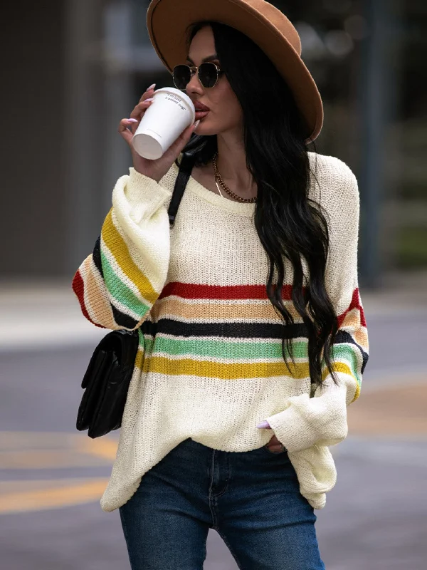 Striped Round Neck Sweater Sporty Women's Tennis