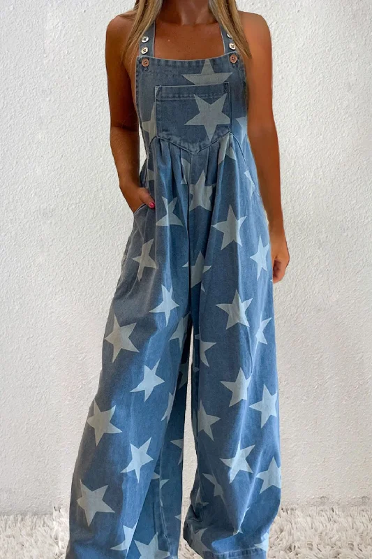 Star Square Neck Wide Leg Denim Overalls Bold Women's Statement