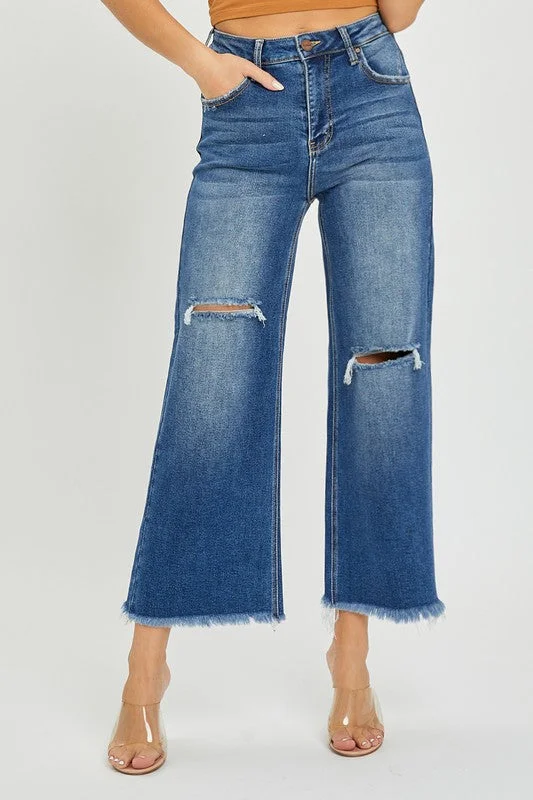 MARYN HIGH RISE FRAYED ANKLE WIDE JEANS Business