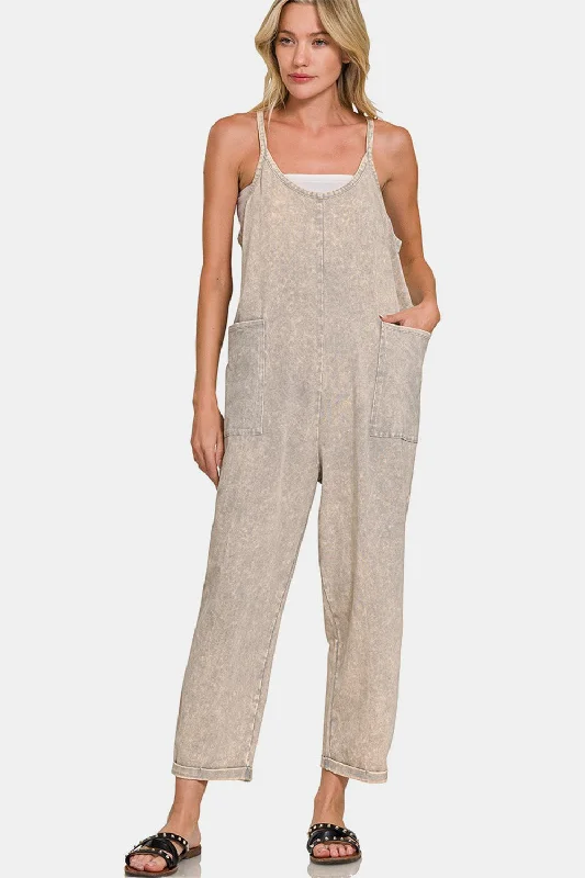 Zenana Washed Spaghetti Straps Overalls with Pockets Cozy Women's Winter