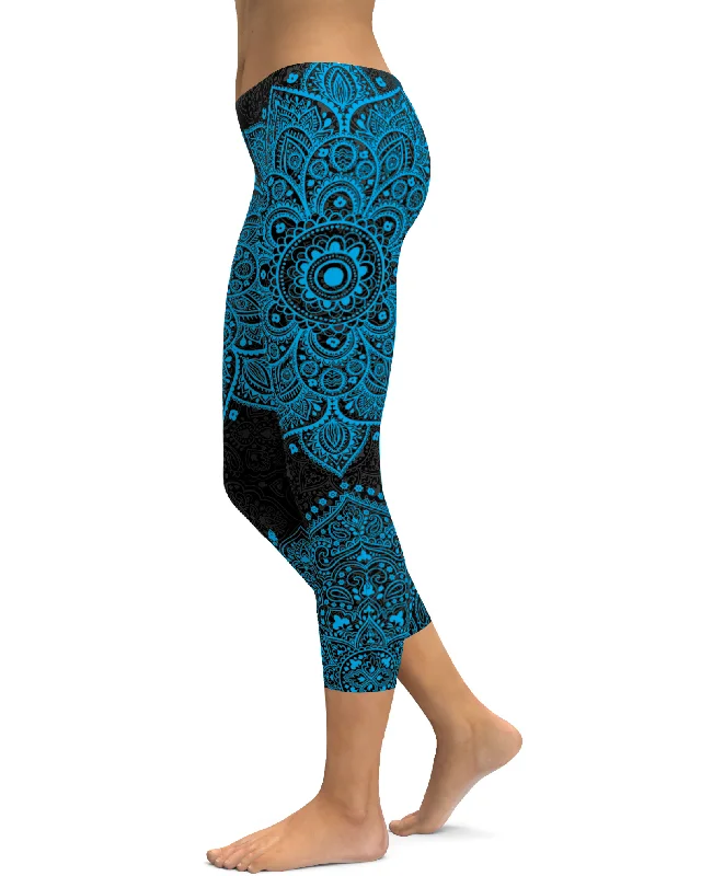 Black and Cyan Blue Mandala Capris Contemporary 